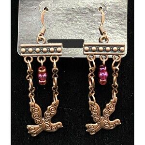 Handmade Bird & Iridescent Pink Red Glass Bead Chandelier Earrings by Neanie-Bot